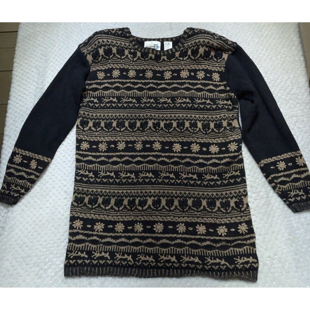 VTG‎ PAUL HARRIS DESIGN RAIME BLEND Embroidered SWEATER Small Black Tan